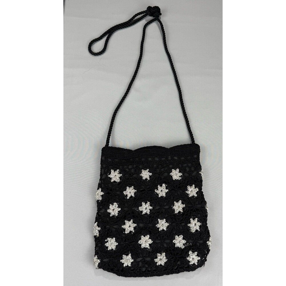 Lisa – Black Knit & Silver Stars Handbag Purse Shoulder Magnetic Snap #3273